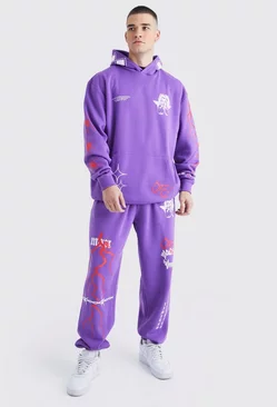 Tall Oversized Embroidered Hooded Tracksuit Purple