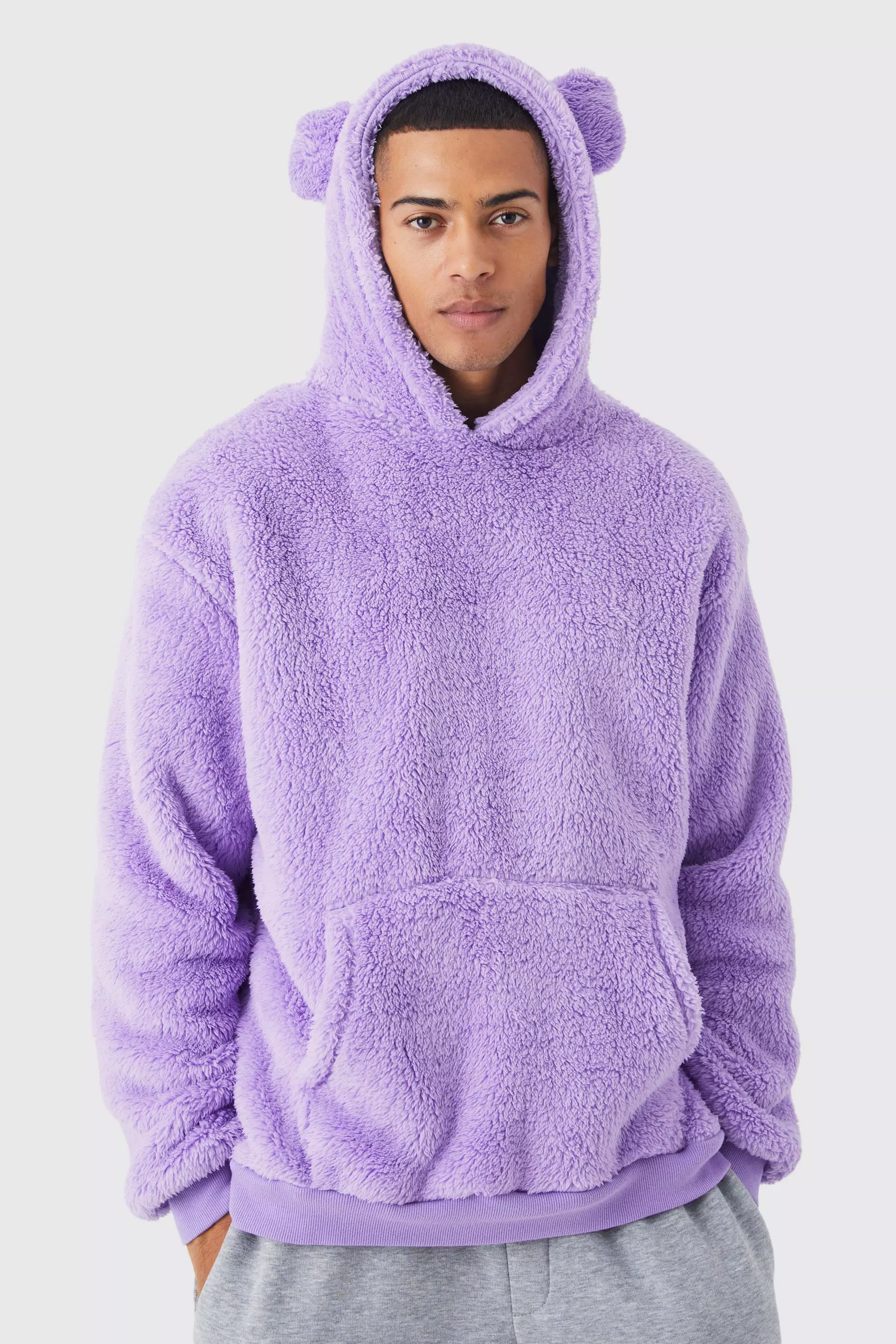 Oversized Borg Novelty Hoodie Lilac