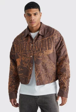 Brown Boxy Nylon All Over Embroidery Bomber Jacket