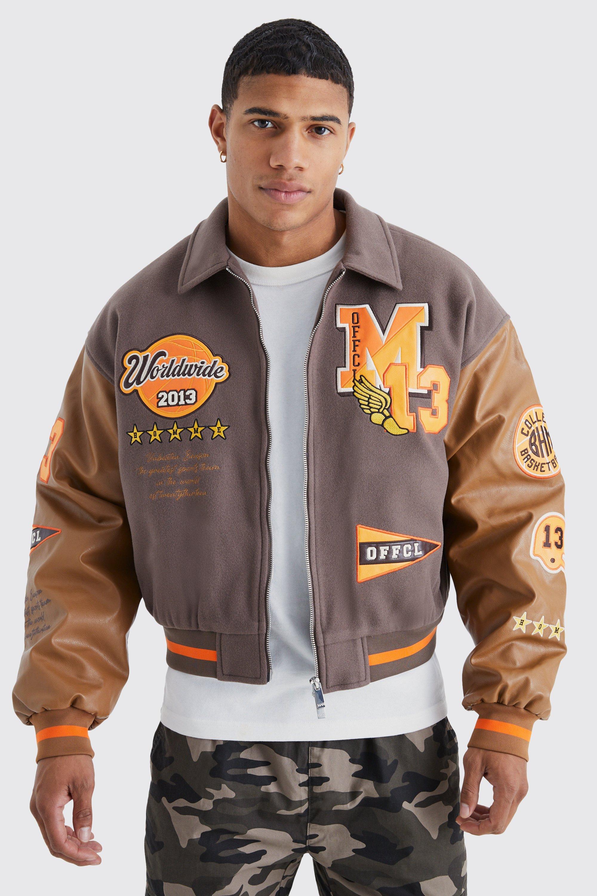 Boxy Pu & Melton Multi Badge Varsity Jacket | boohooMAN USA