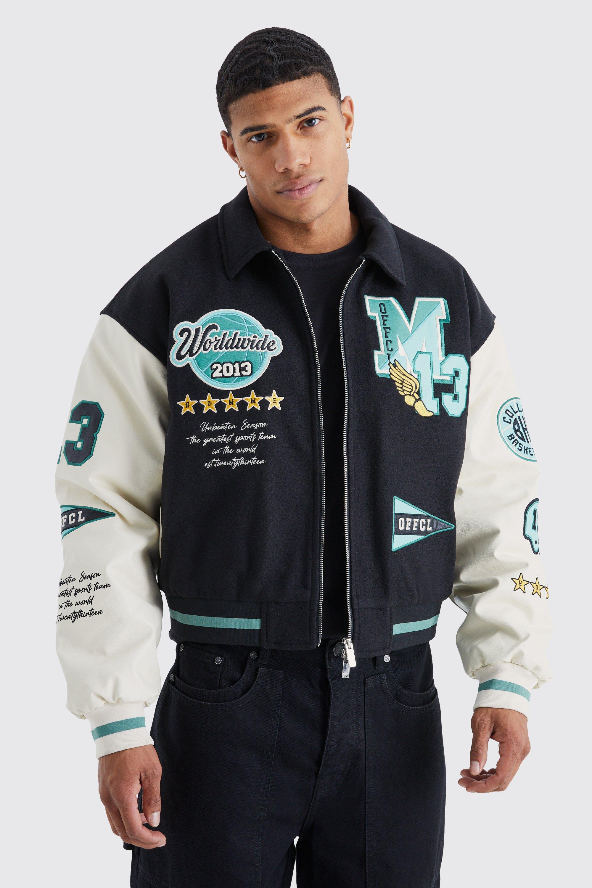 Boxy Pu & Melton Multi Badge Varsity Jacket | boohooMAN USA