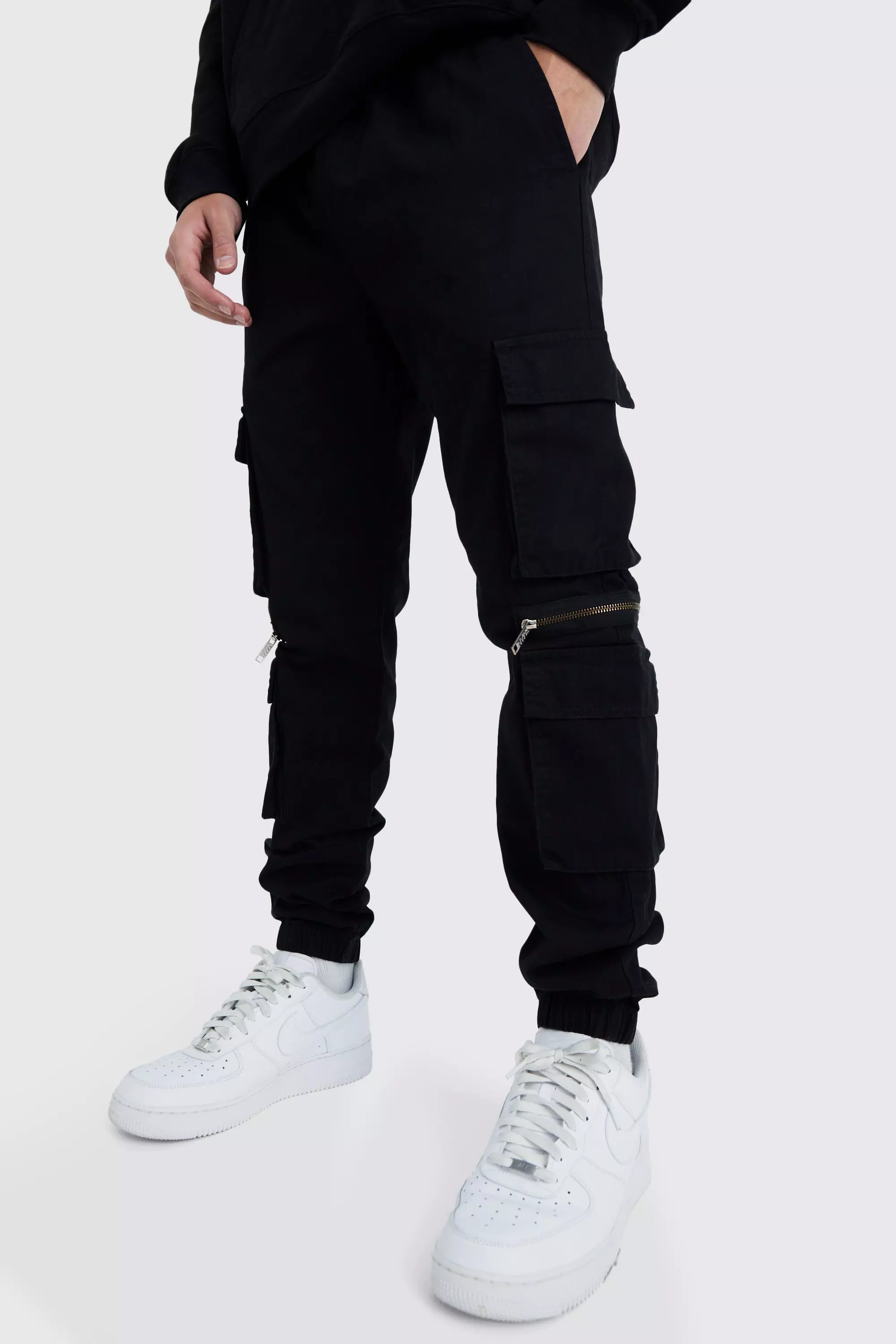 Elasticated Waist Multi Pocket Zip Cargo Pants Black