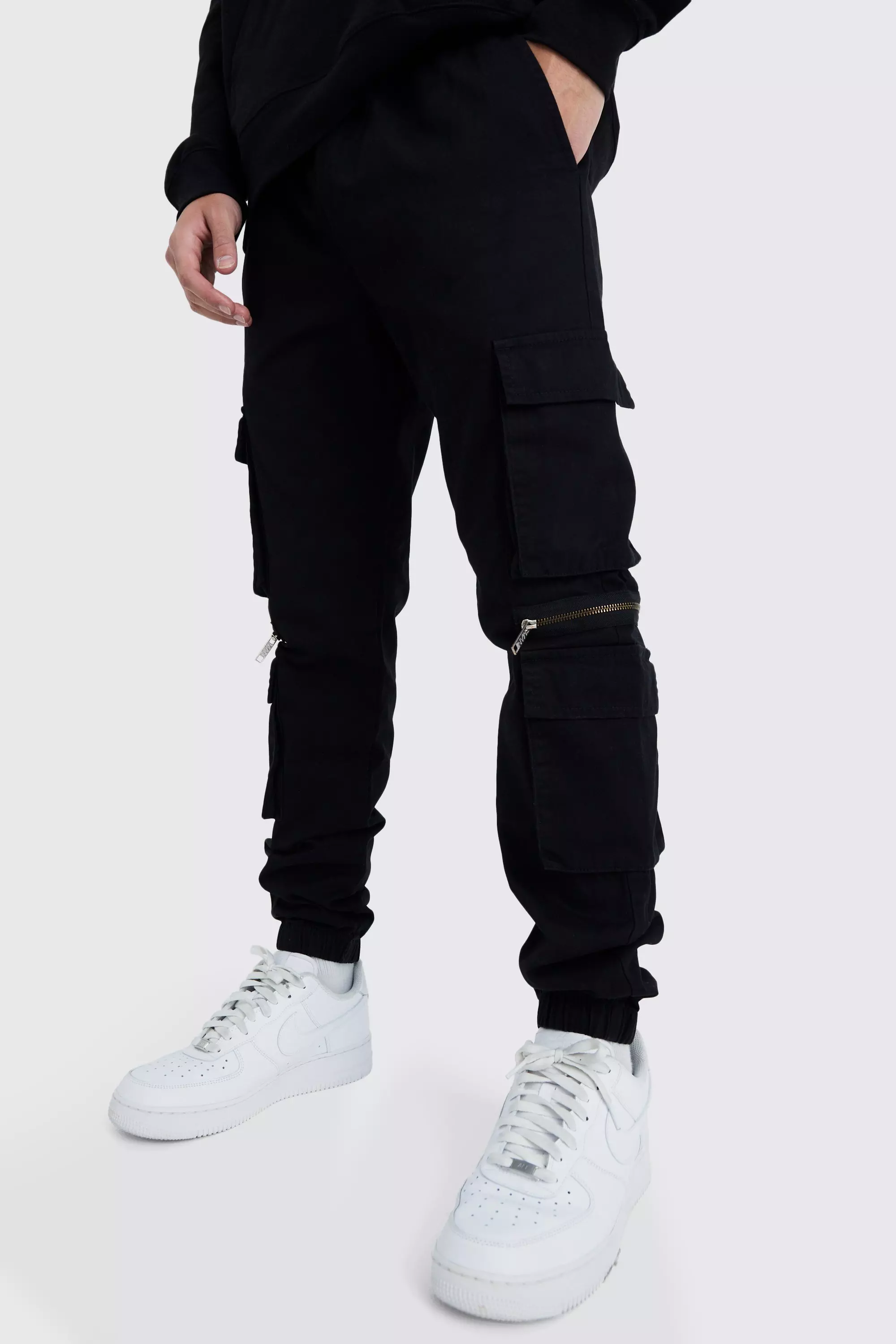 Elastic Waist Multi Pocket Zip Cargo Pants Black