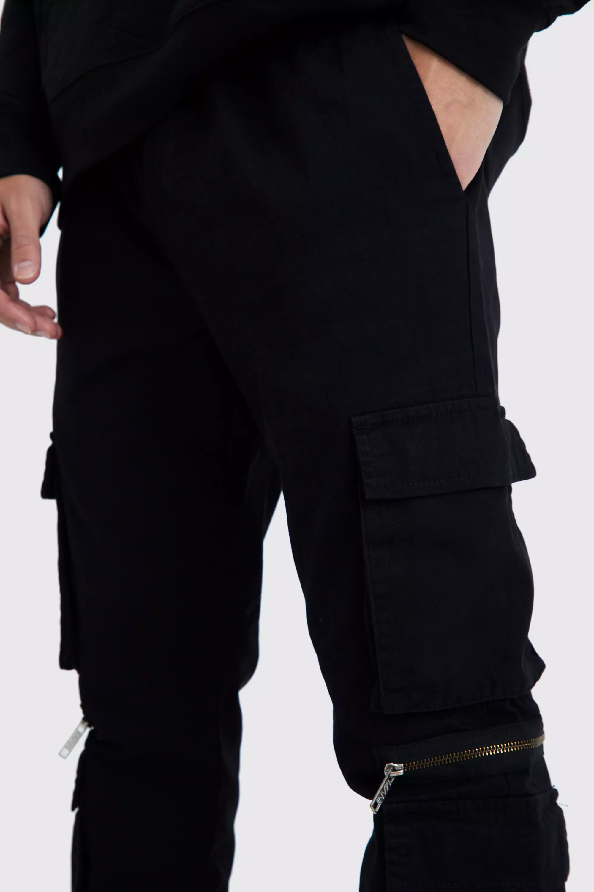 Elasticated Waist Multi Pocket Zip Cargo Trouser | boohooMAN UK