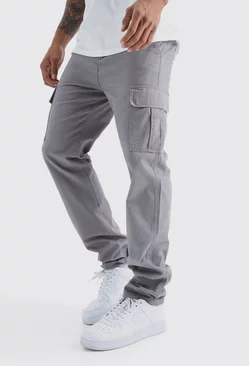 Grey Fixed Waist Straight Leg Twill Cargo Pants