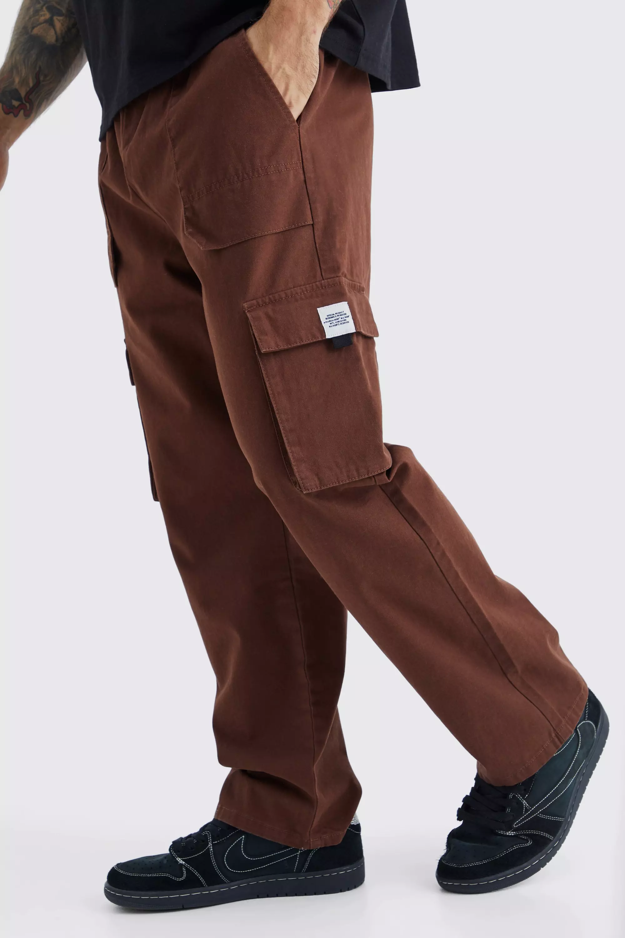 Elasticated Waist Relaxed Fit Cargo Pants Chocolate