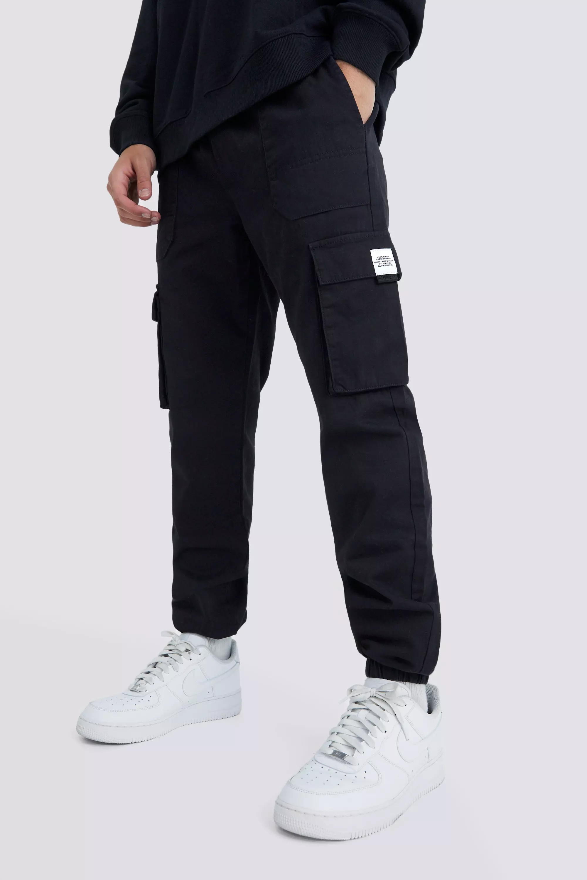 Black Elastic Waist Slim Fit Buckle Cargo Jogger