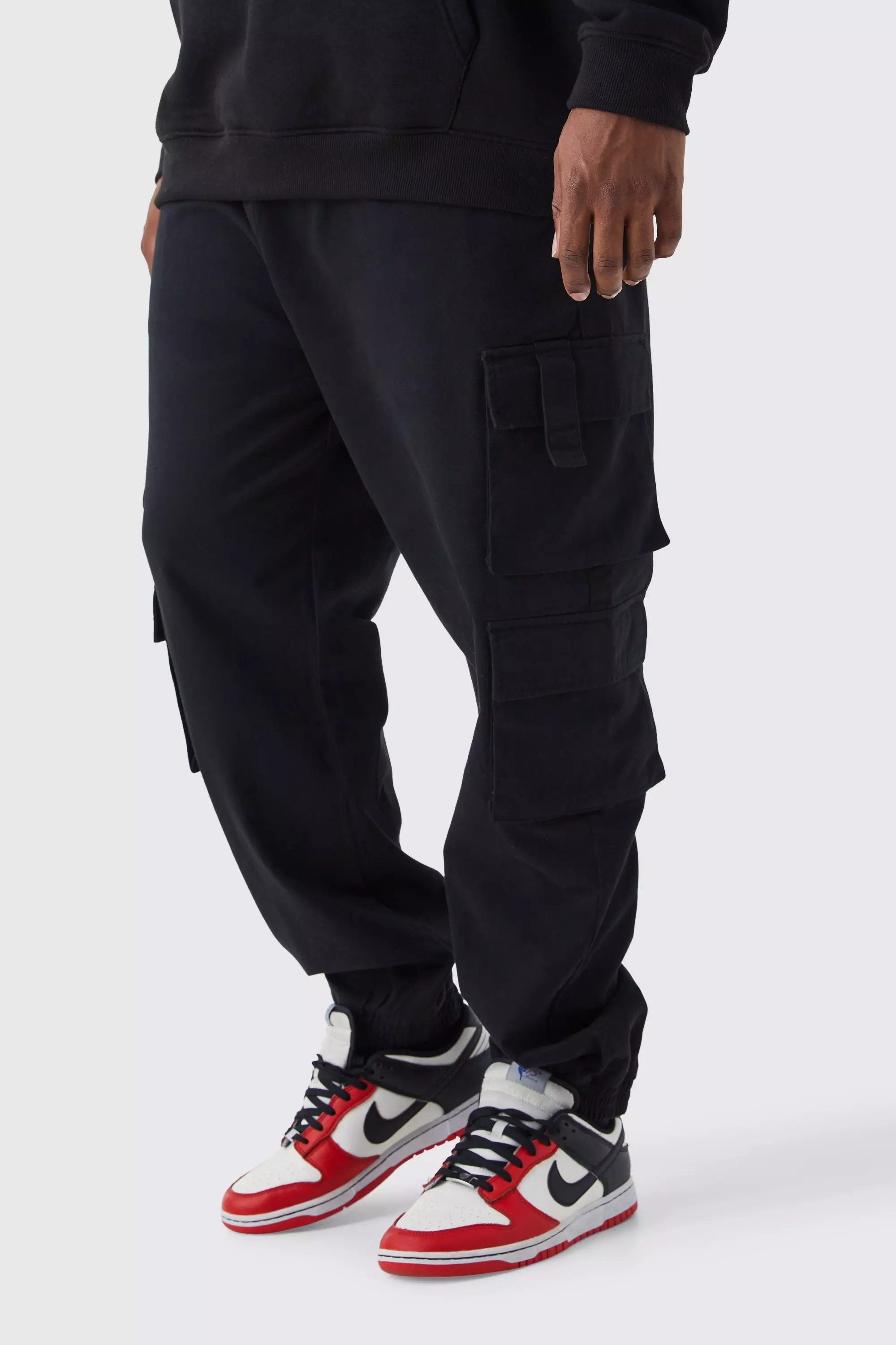 Plus Slim Fit Cuffed Multi Cargo Pocket Pants Black