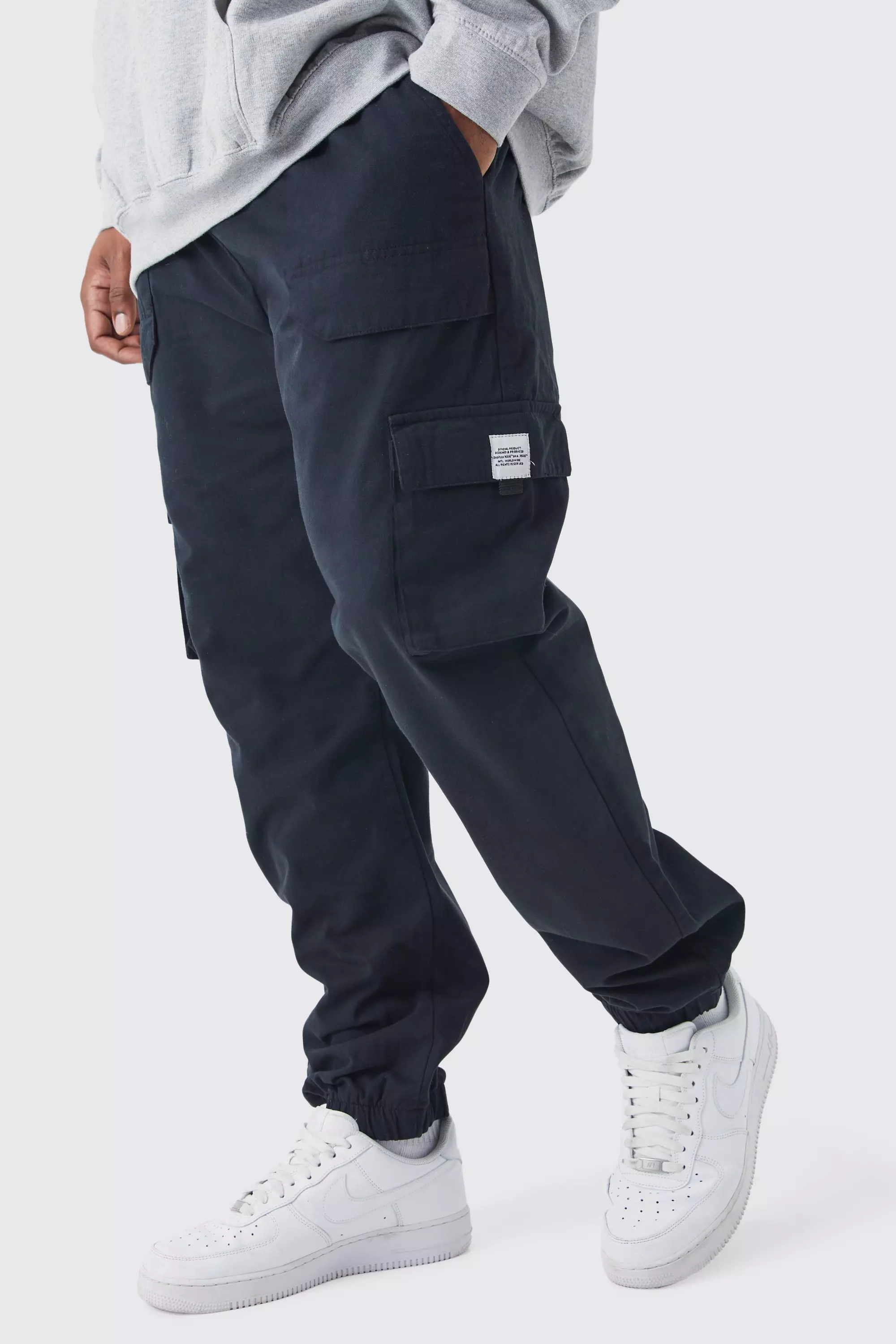 Plus Elastic Waist Slim Fit Buckle Cargo Jogger Black