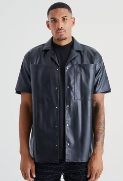 Tall Short Sleeve Oversized Pu Star Embroidery Shirt Black