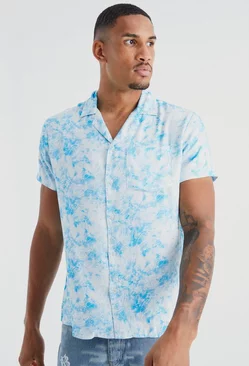 Blue Tall Short Sleeve Viscose All Over Print Shirt