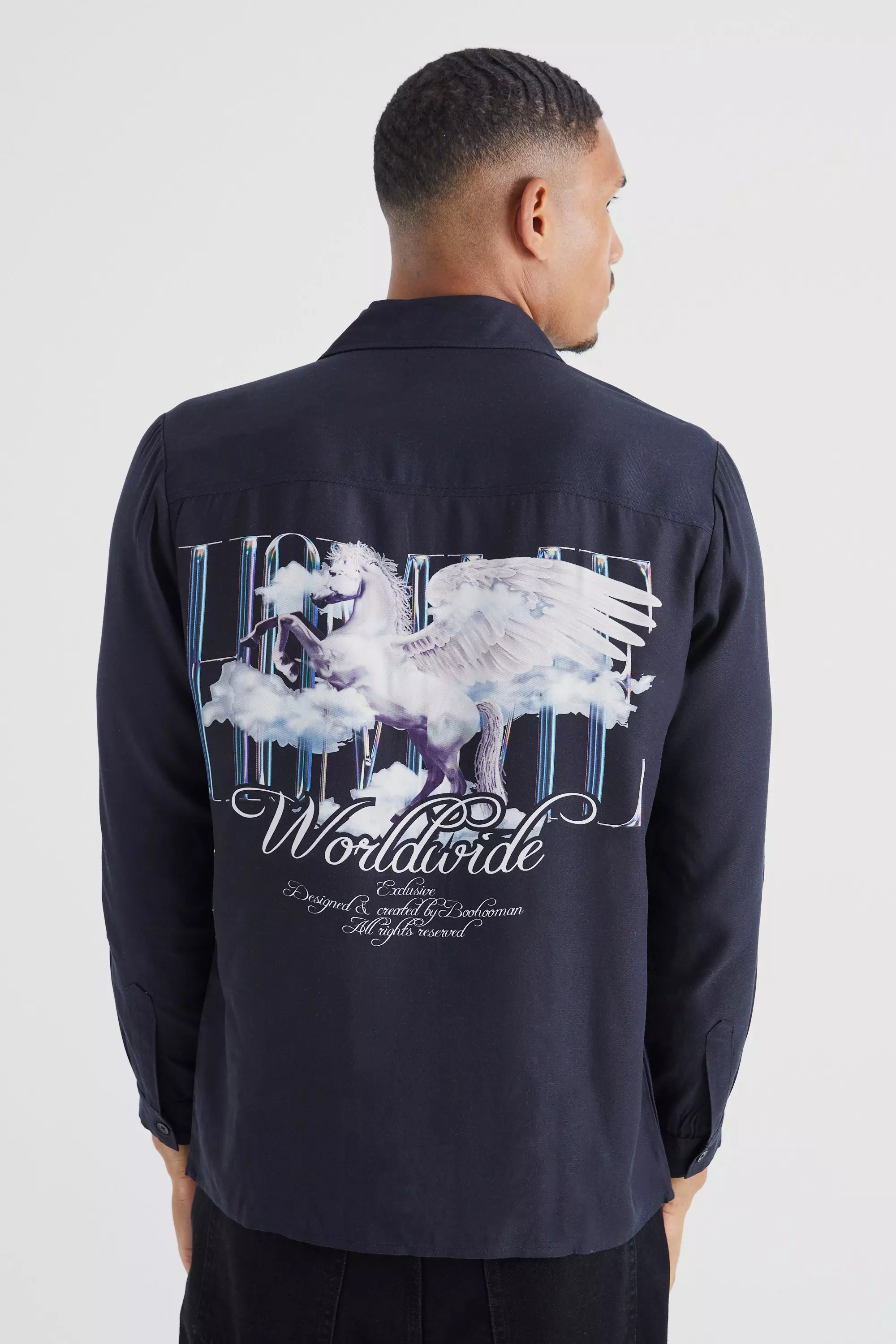 Tall Long Sleeve Viscose Unicorn Back Shirt Black