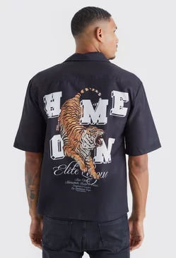 Tall Dropped Revere Slub Tiger Back Print Shirt Black