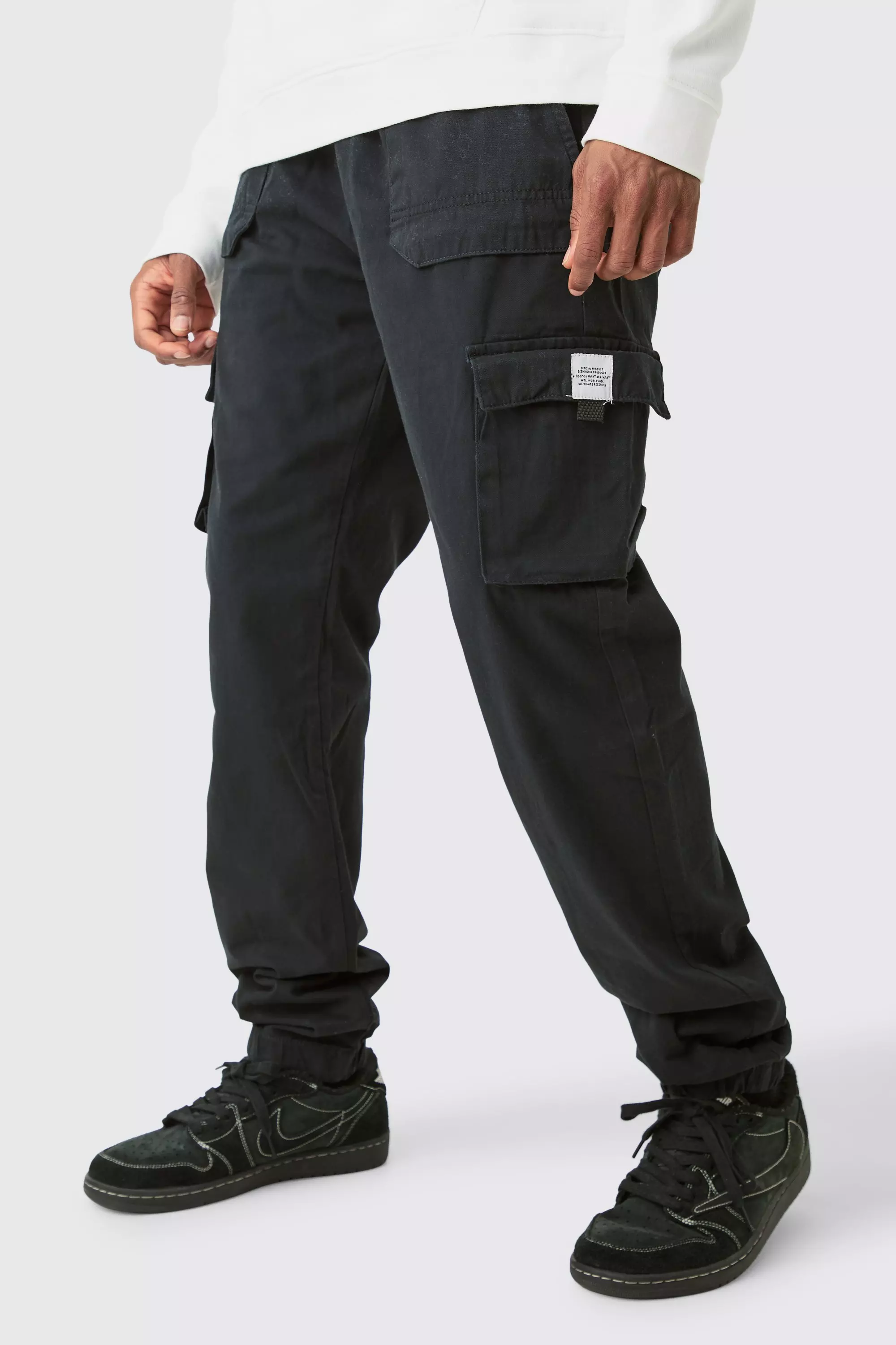 Elastic Waist Slim Flare Contrast Stitch Cargo Pants