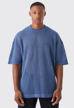 Oversized Drop Shoulder Open Stitch T-shirt slate blue