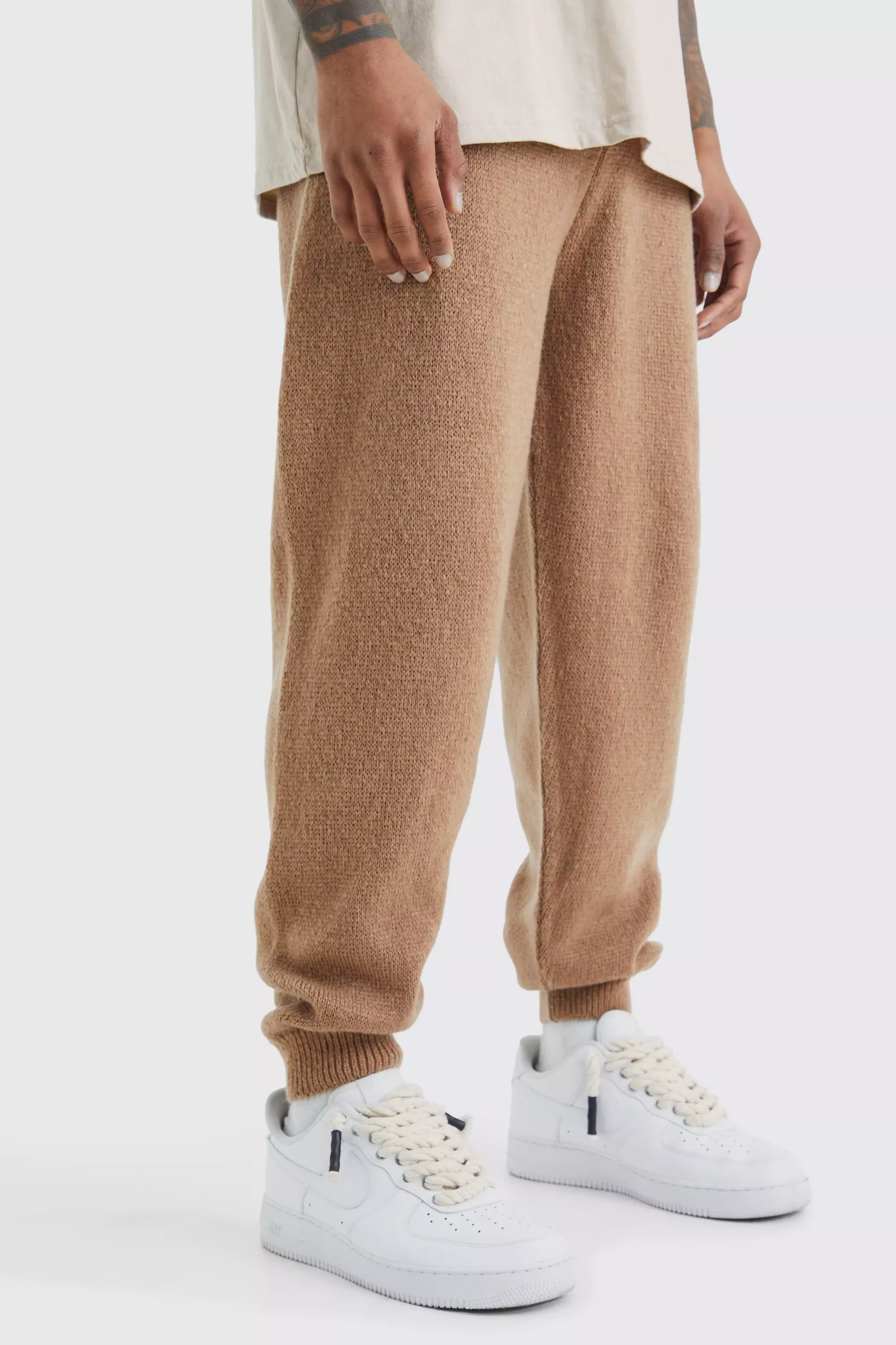 Taupe Beige Brushed Ribbed Knitted Sweatpants