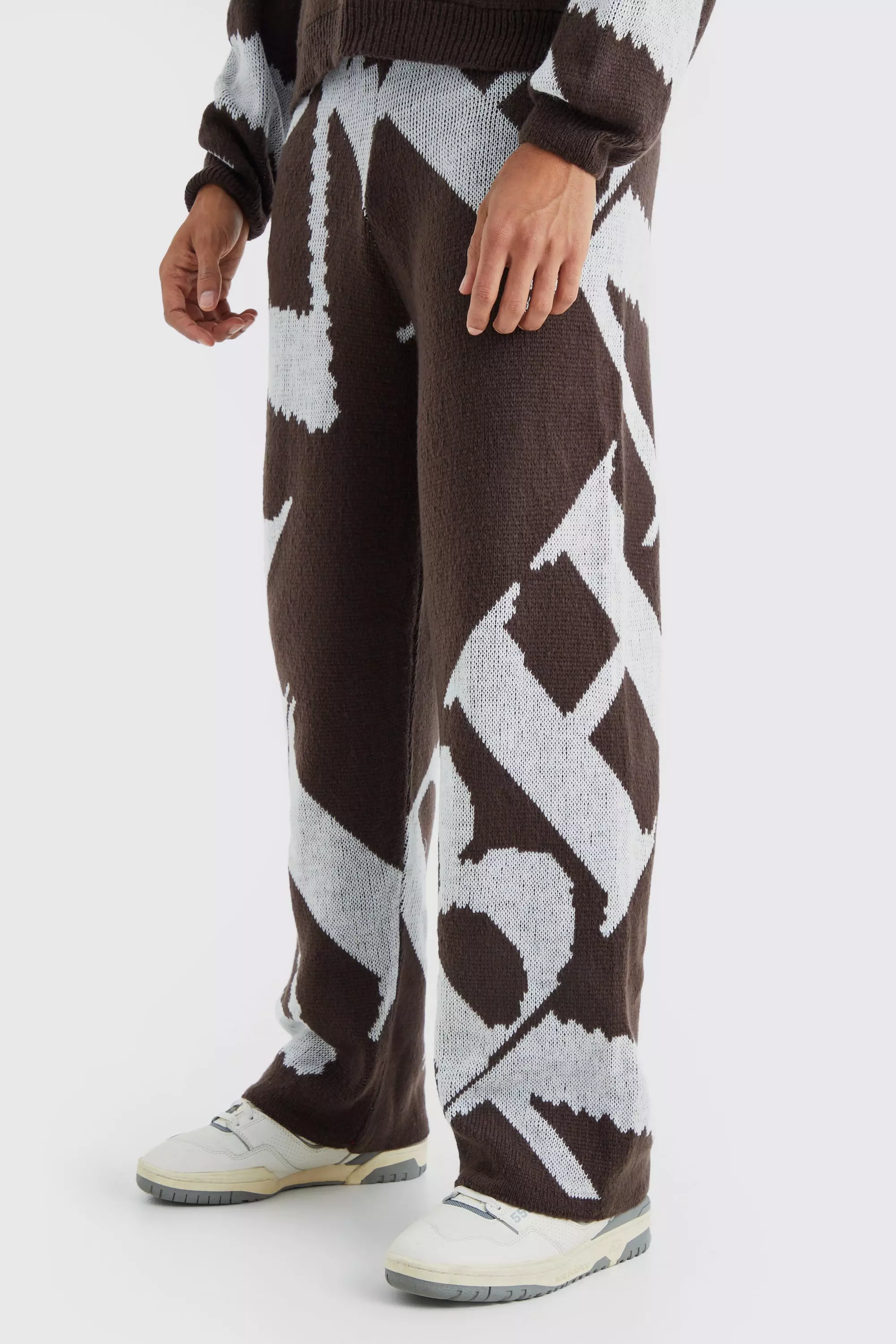 Chocolate Brown Wide Leg Brushed Jacquard Knitted Sweatpants