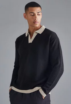 Black Long Sleeved Oversized Contrast Collar Knitted Polo