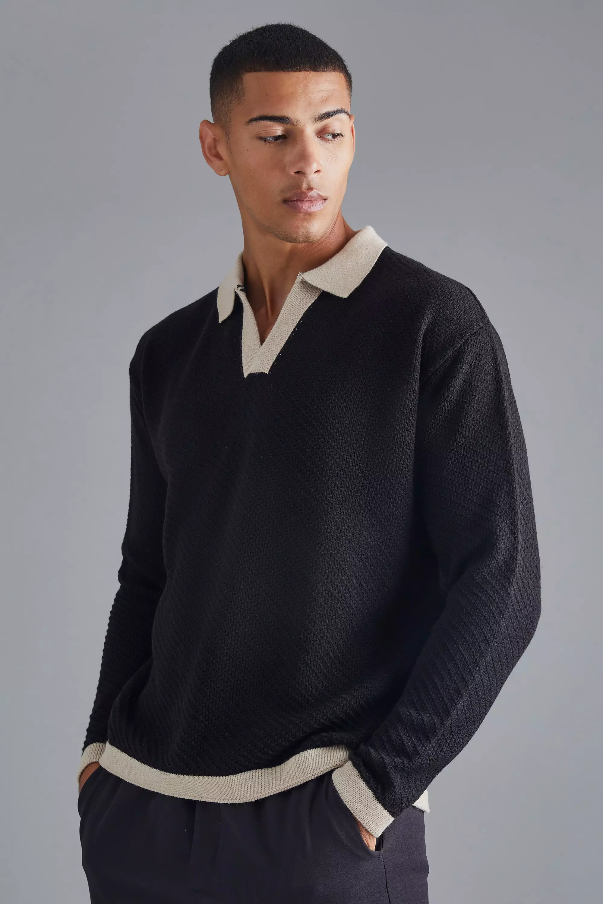 Long Sleeved Oversized Contrast Collar Knitted Polo Black