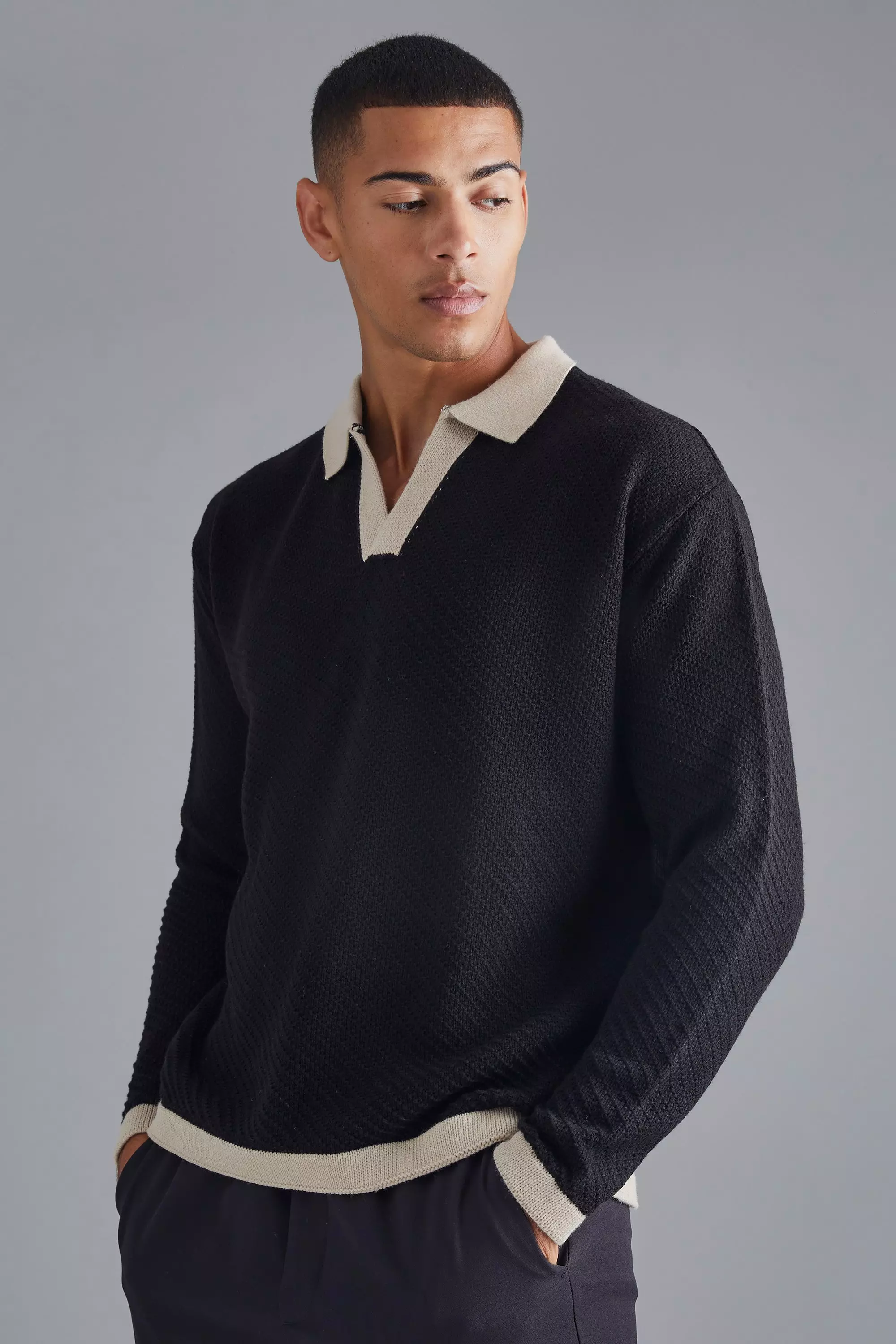 Long Sleeved Oversized Contrast Collar Knitted Polo boohooMAN USA