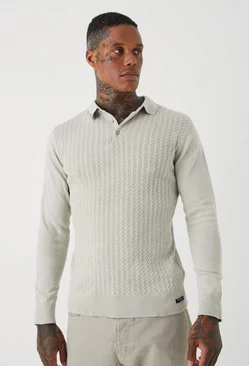 Long Sleeve Cable Knitted Polo Ecru