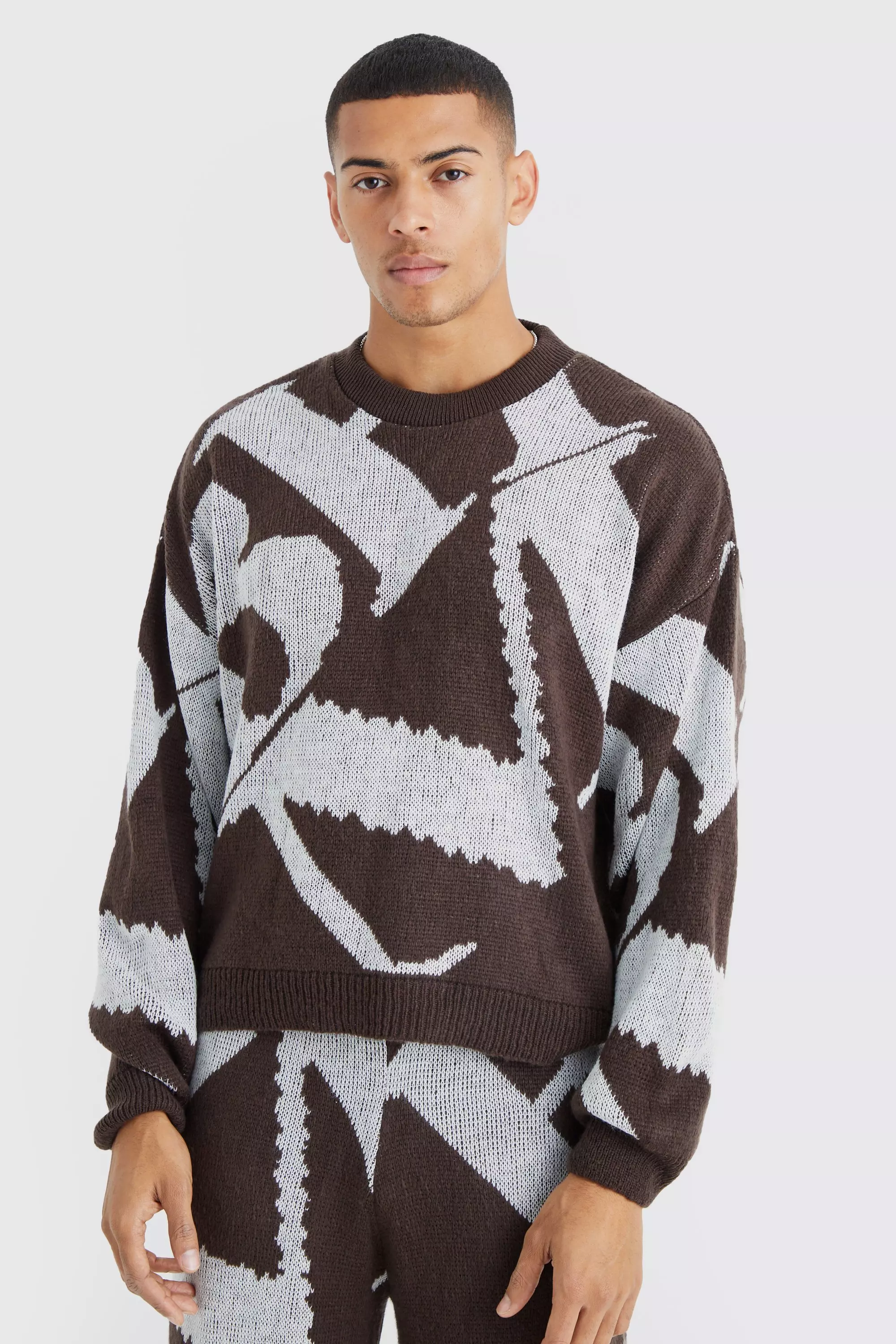Chocolate Brown Boxy Brushed Jacquard Knitted Sweater