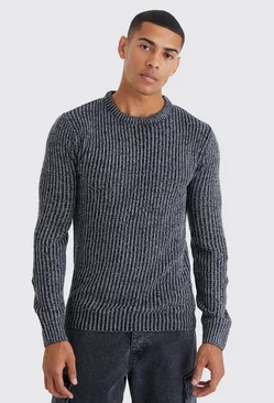 Black Regular Crew Neck Plated Ribbed Knit Sweater