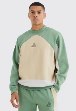 Oversized Extended Neck Branded Colour Block Sweatshirt Sage