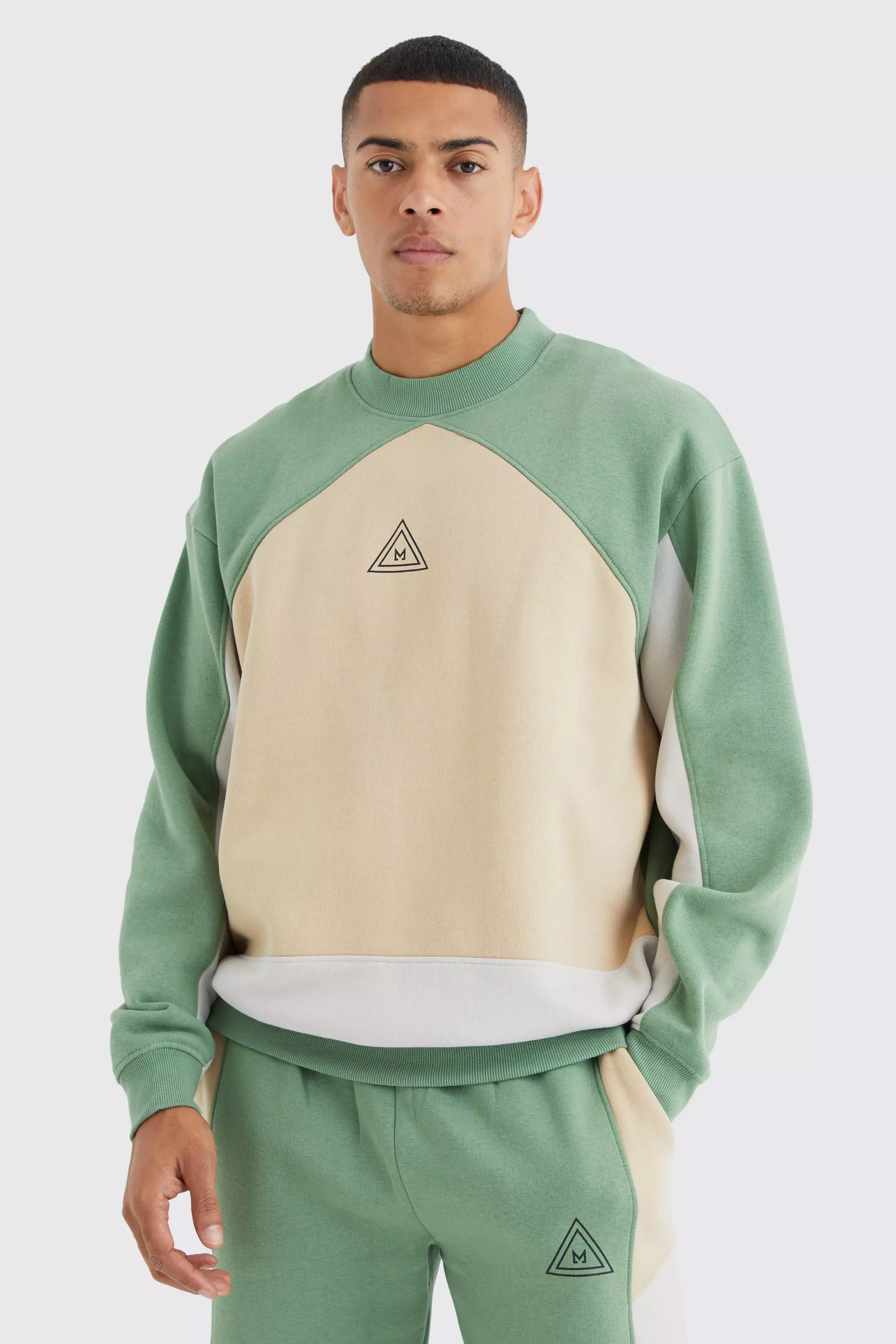 Sage Green Oversized Extended Neck Branded Colour Block Sweatshirt