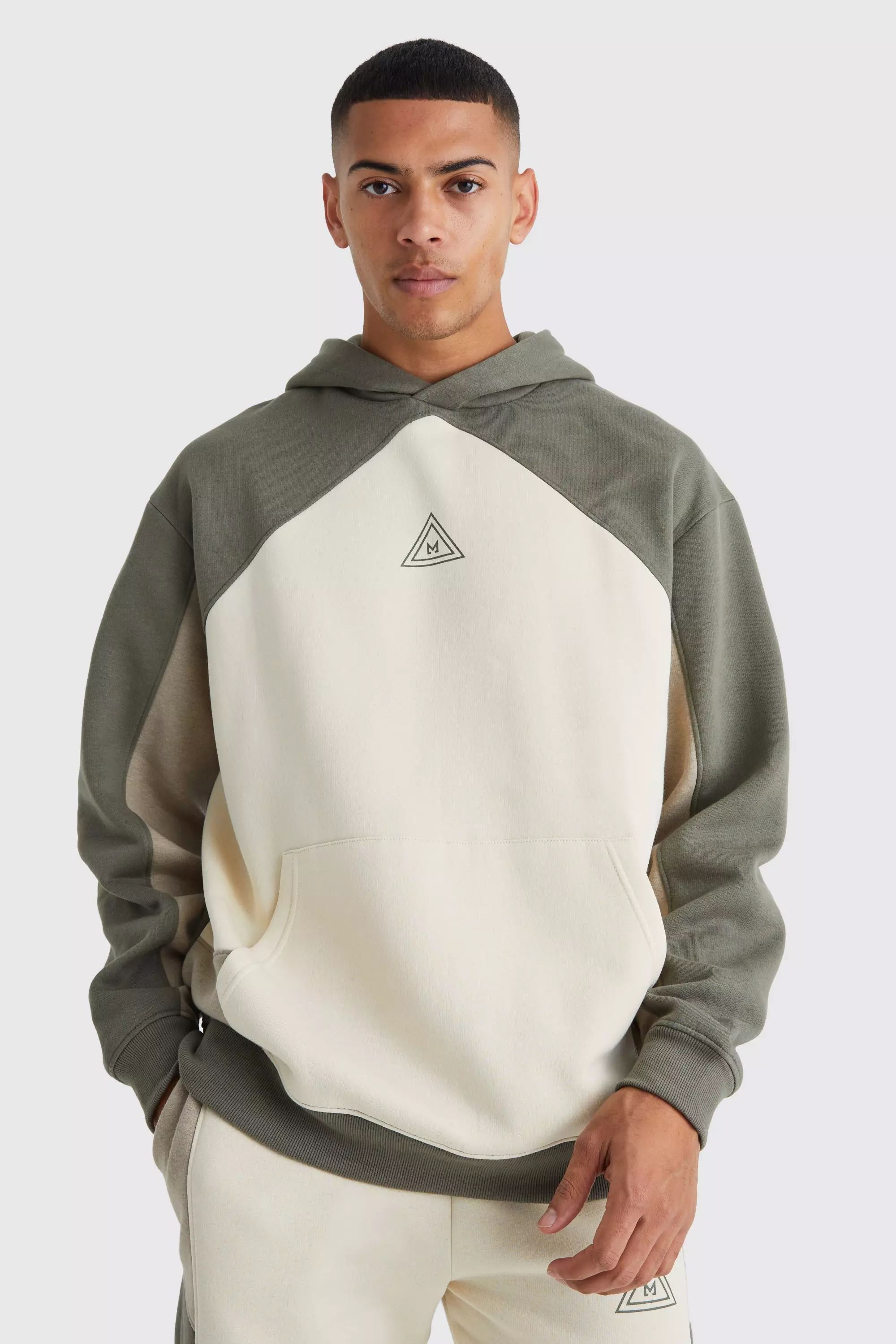 Oversized Branded Colour Block Hoodie Khaki