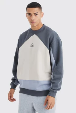 Oversized Extended Neck Branded Colour Block Sweatshirt Charcoal