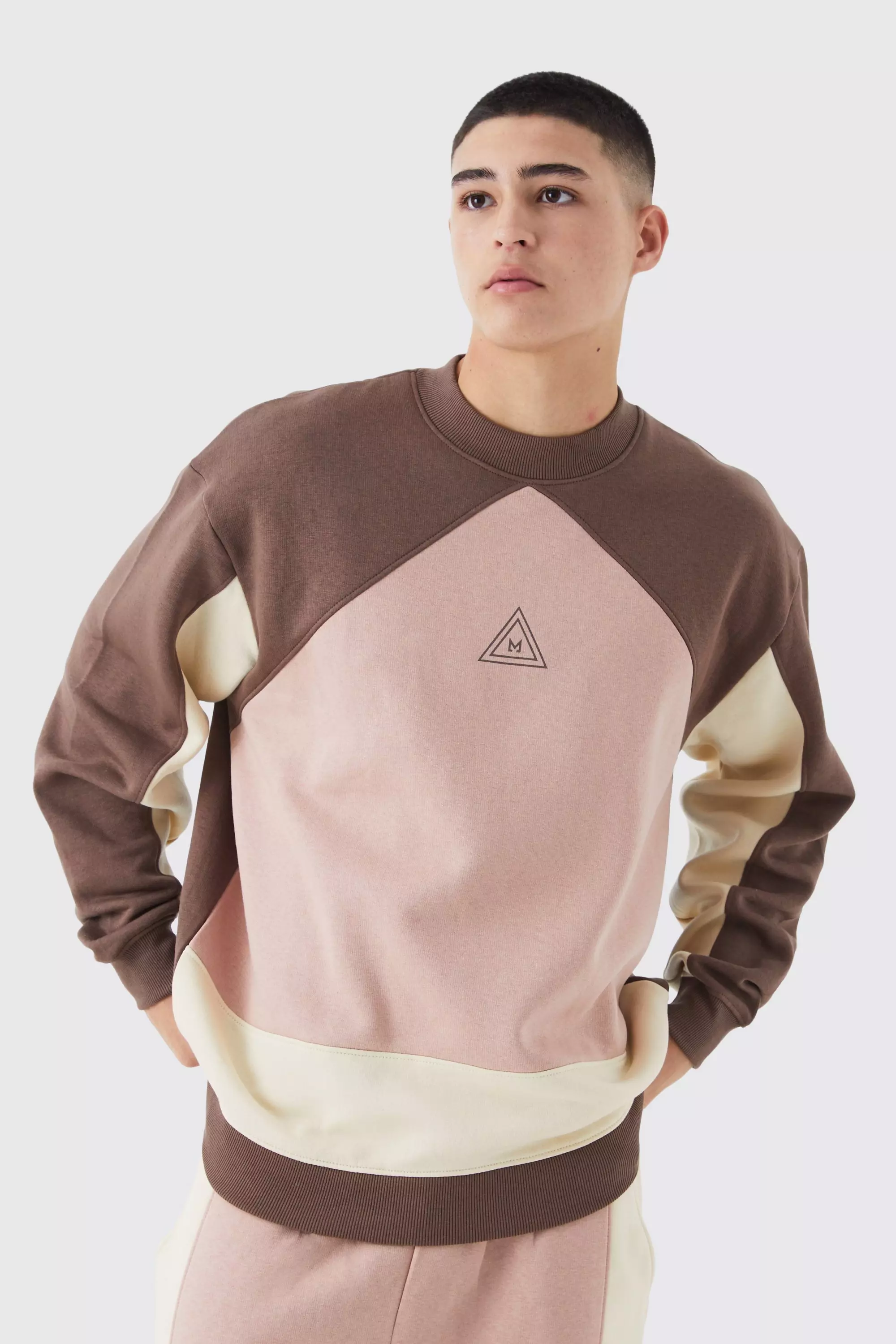 Chocolate Brown Oversized Extended Neck Branded Colour Block Sweatshirt