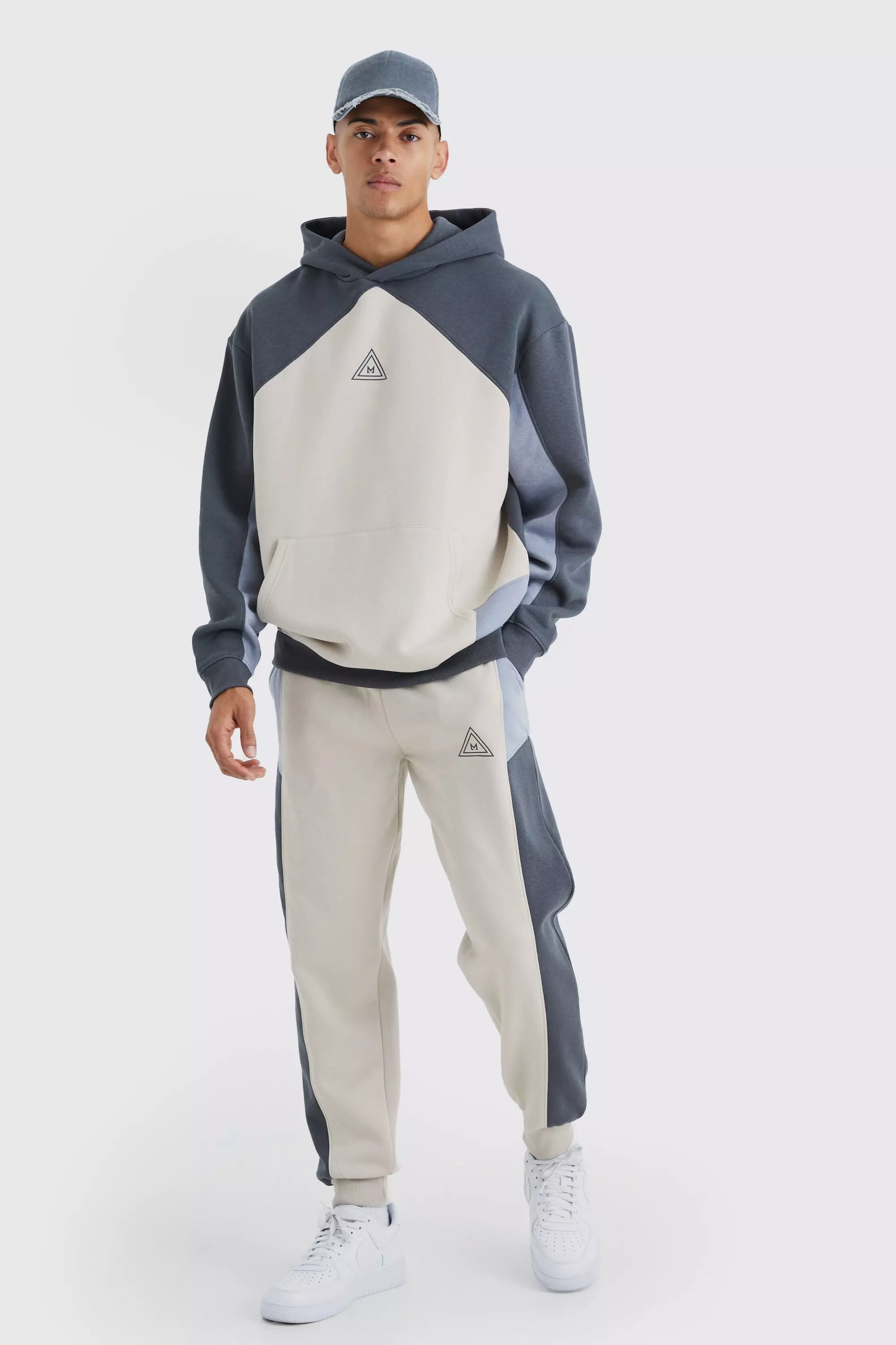 Oversized Branded Colour Block Hooded Tracksuit Charcoal