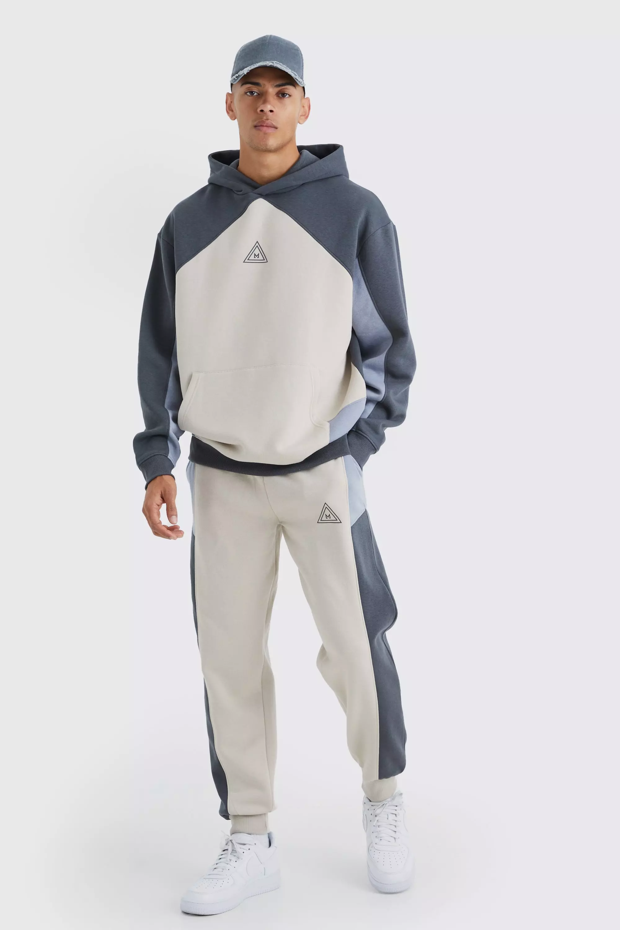 Charcoal Grey Oversized Branded Colour Block Hooded Tracksuit