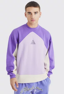Purple Oversized Extended Neck Branded Colour Block Sweatshirt
