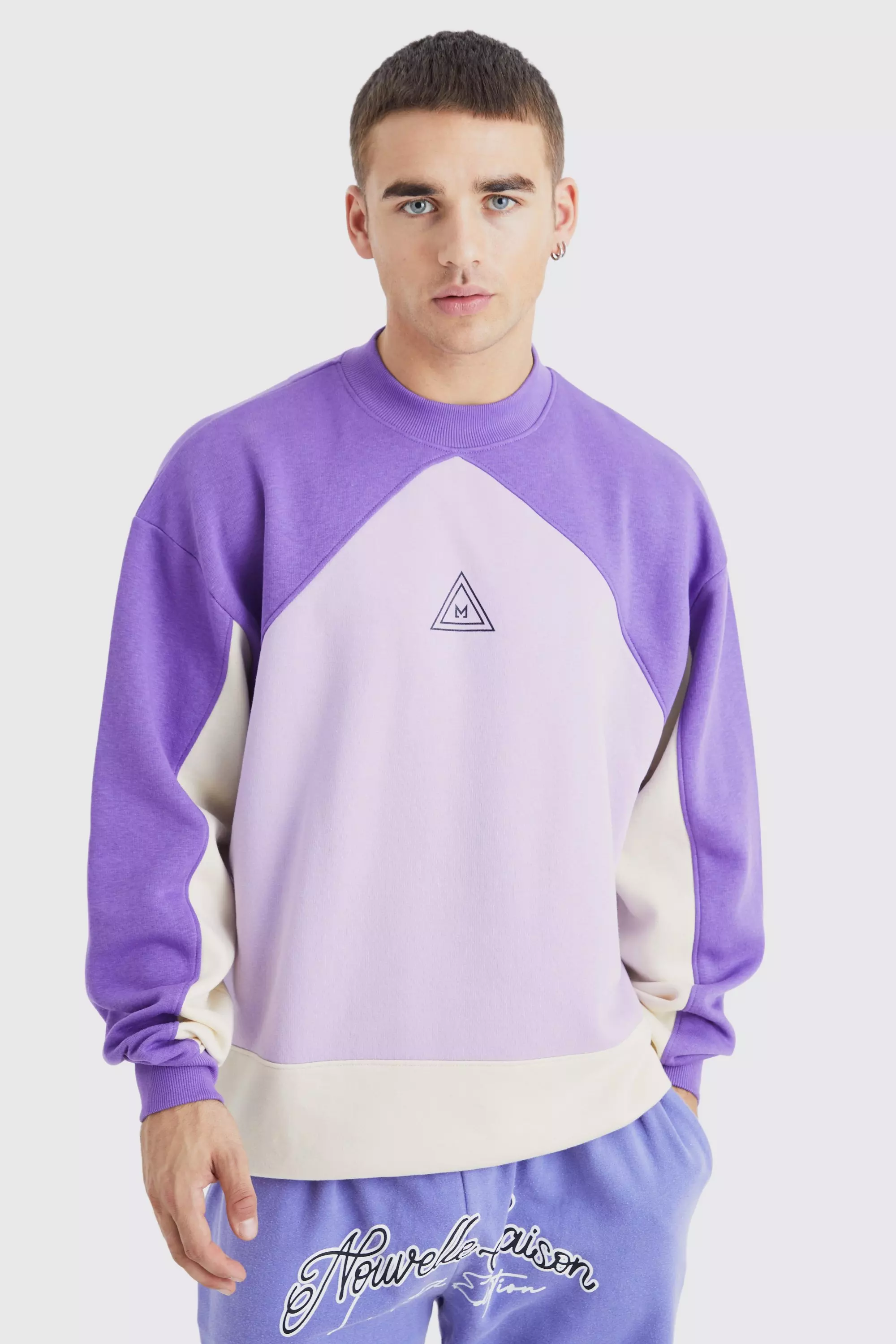 Oversized Extended Neck Branded Colour Block Sweatshirt Purple
