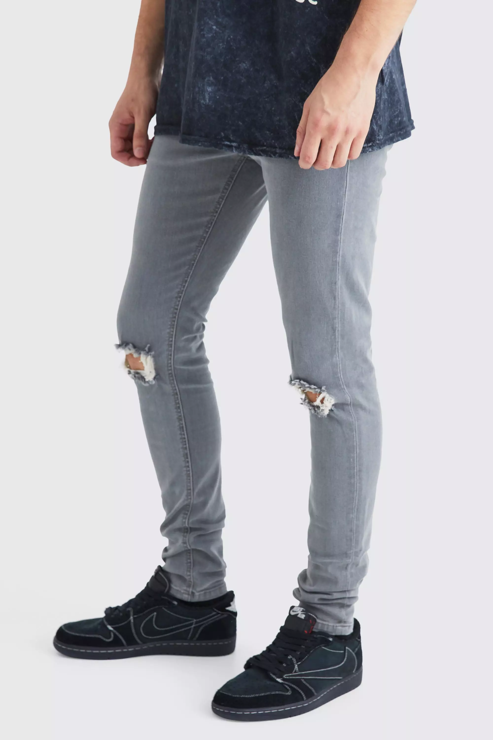 Grey Tall Super Skinny Stretch Ripped Knee Jeans