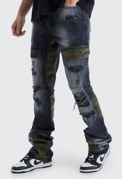 Ash Grey Tall Slim Rigid Flare Camo Repair Cargo Jeans