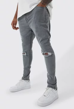 Grey Plus Super Skinny Stretch Ripped Knee Jeans