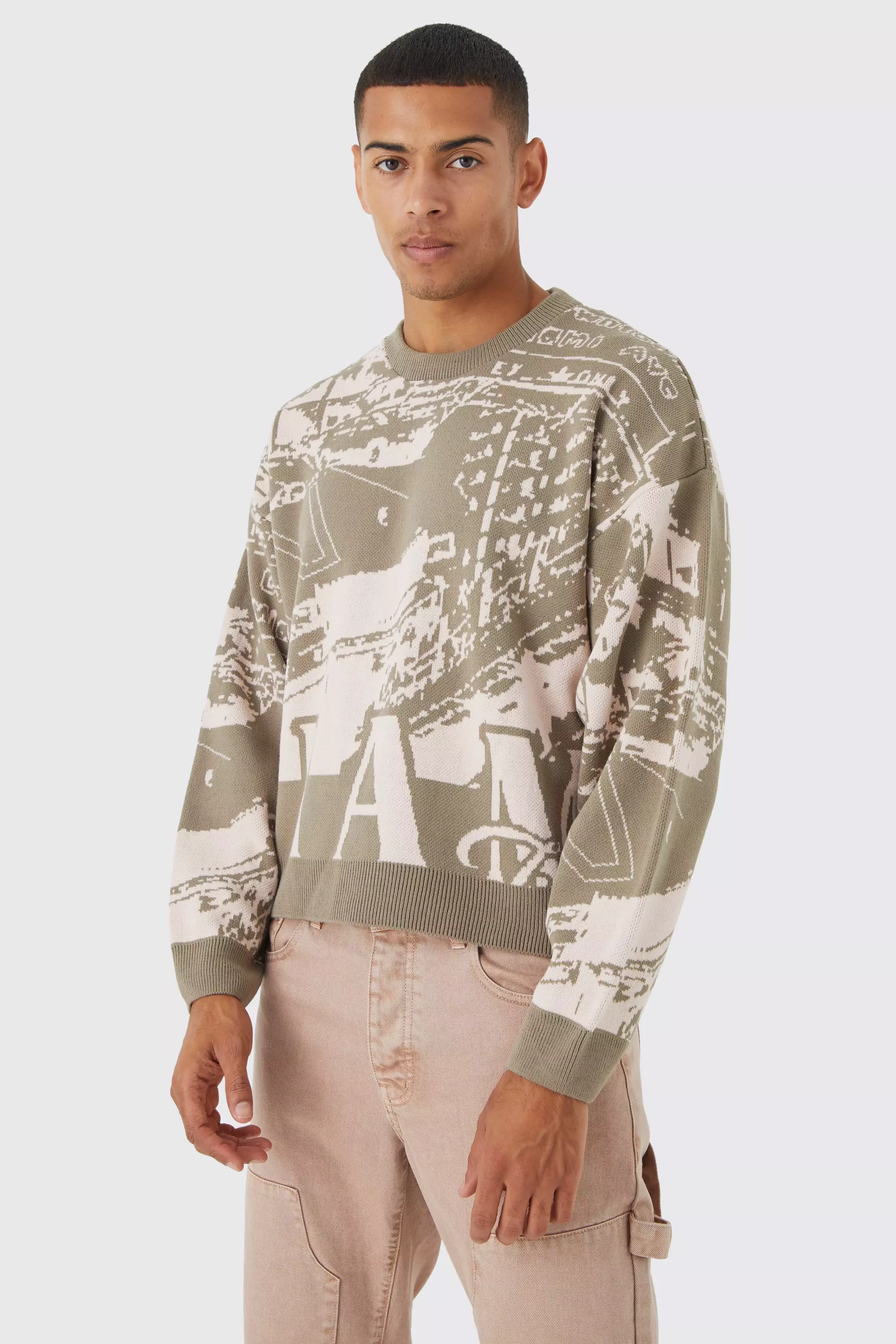 Taupe Beige Boxy Oversized Graphic Sweater