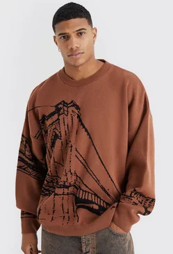 Oversized Drop Shoulder Line Graphic Sweater Burnt orange