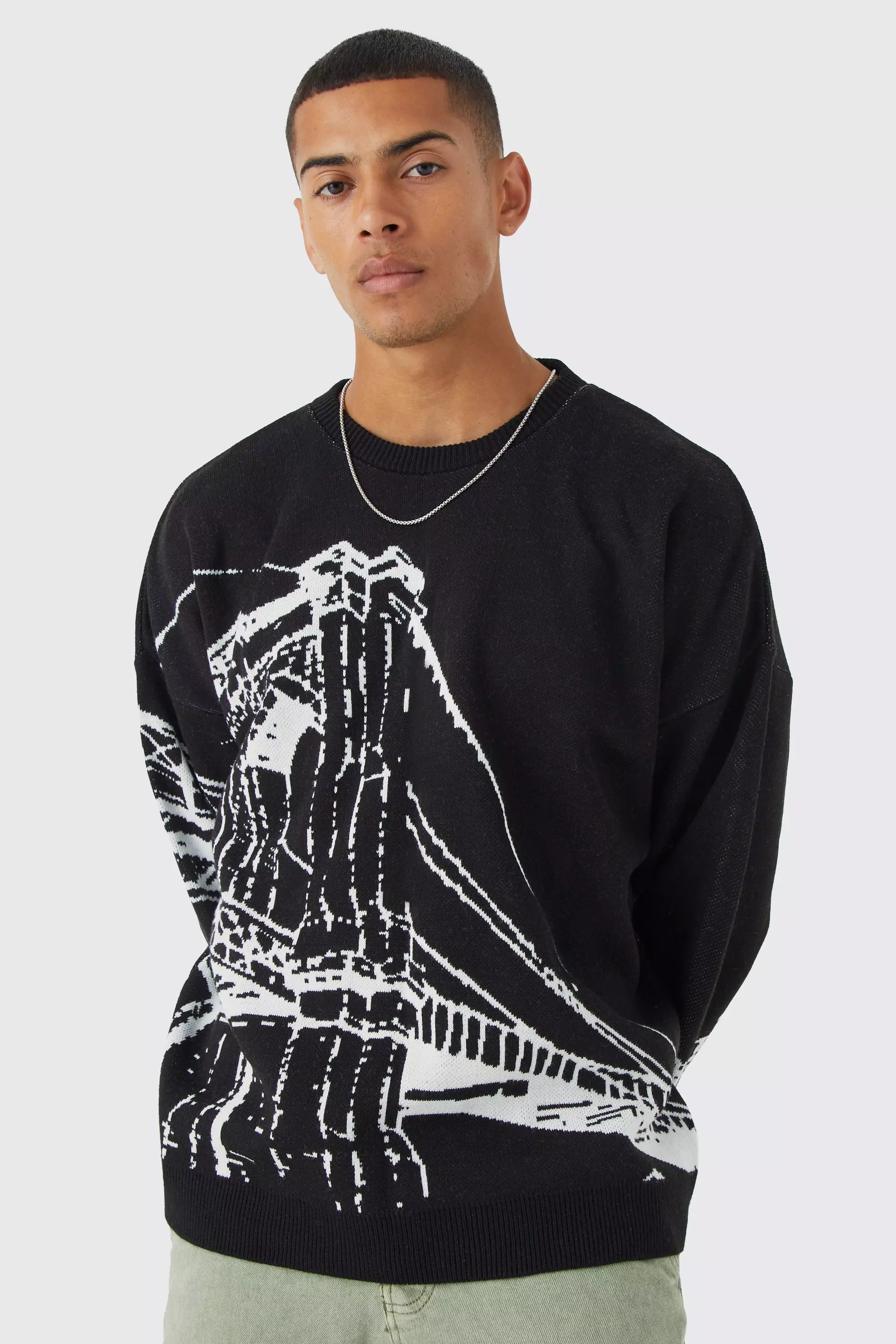 Oversized Drop Shoulder Line Graphic Sweater Black