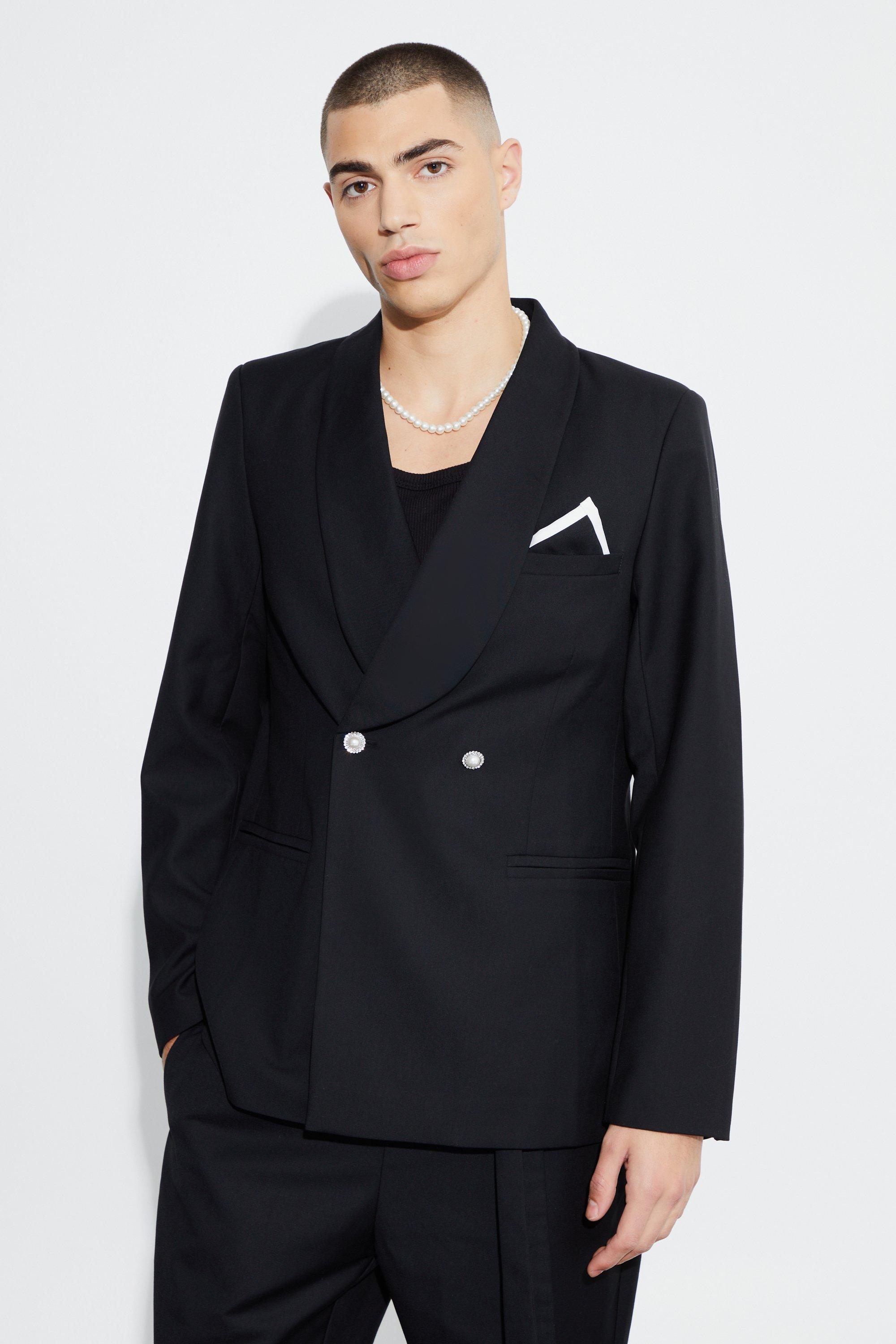 Black Slim Fit Blazer With Embellished Buttons