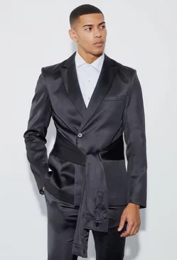 Skinny Fit Satin Blazer With Sleeve Tie Waist Black