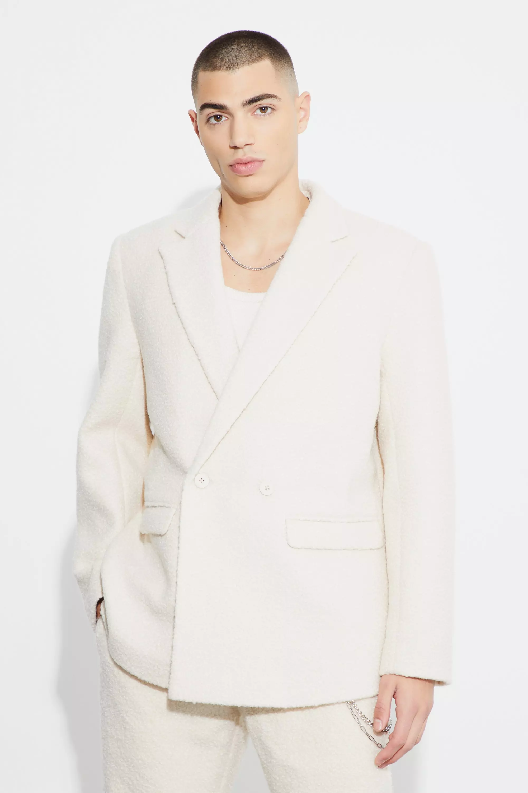 Ecru White Relaxed Fit Double Breasted Boucle Blazer