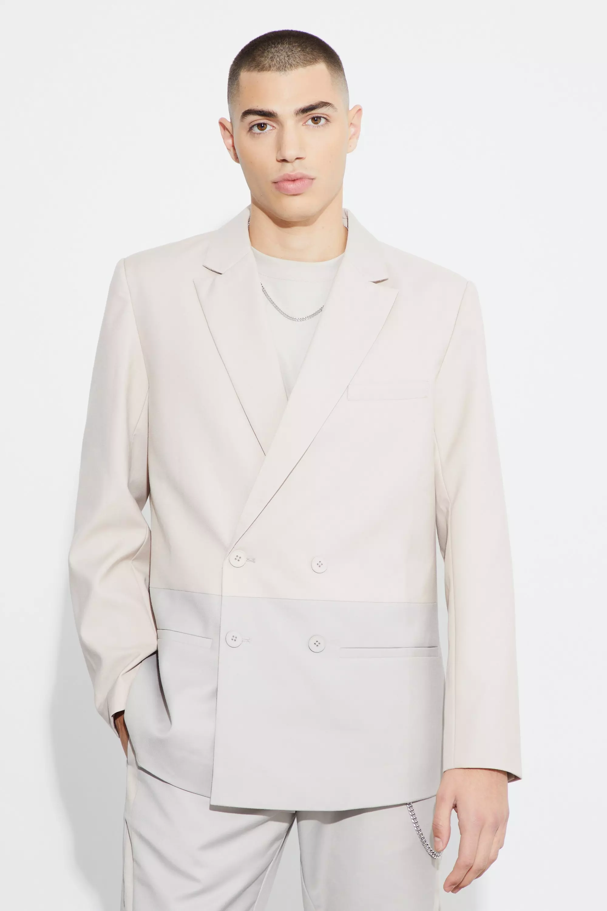 Blazer Rilassato A Doppiopetto A Blocchi Di Colore, Ecru immagine alternativa