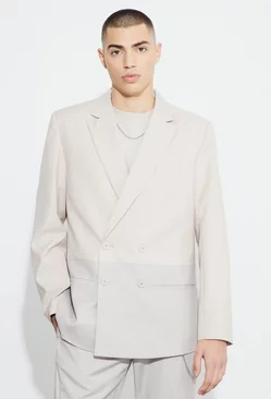 Ecru White Relaxed Fit Double Breasted Colour Block Blazer
