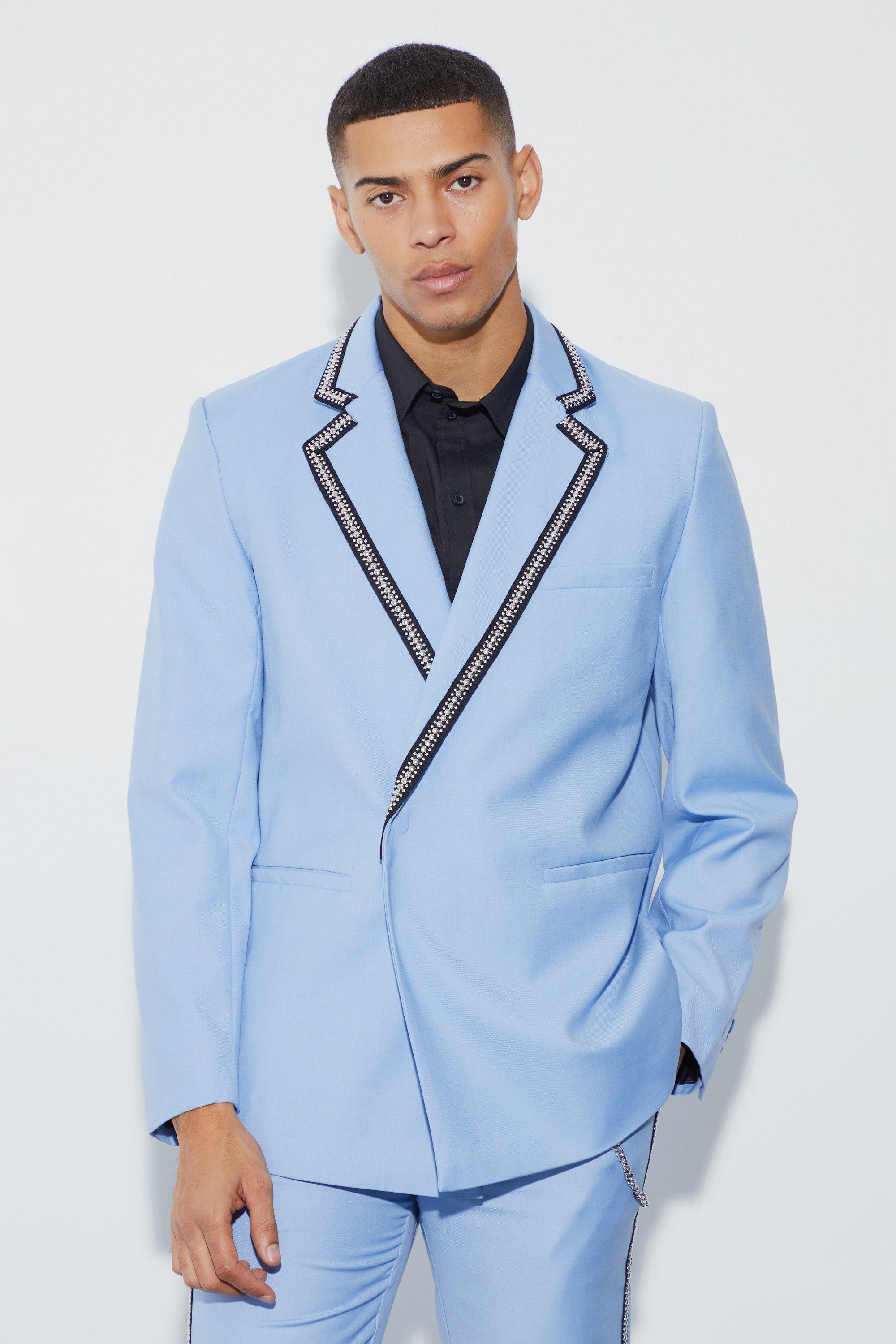 Zweireihiger lockerer Blazer mit Nieten, Light blue