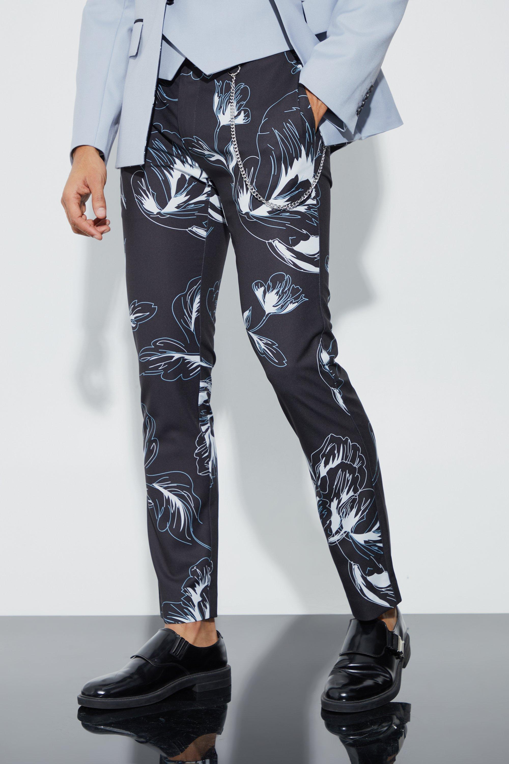 Black Skinny Fit Floral Print Suit Trouser