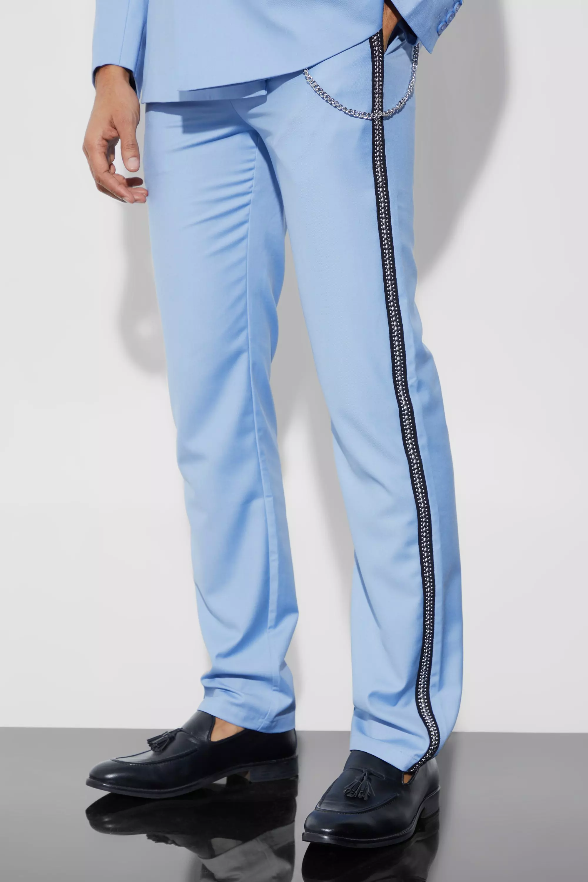 Blue Relaxed Fit Stud Detail Pants With Chain